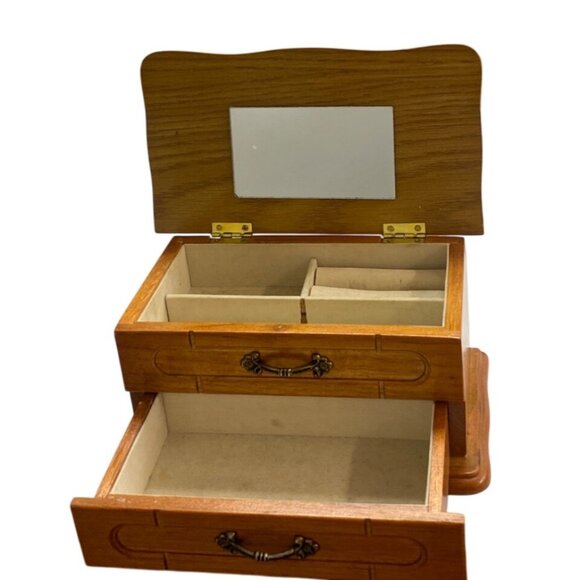 Vintage Wooden Jewelry Box With Brass Handles & Velvet Interior - Picture 3 of 8